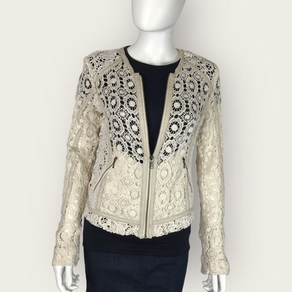 Chelsea28 Cream Beige Crochet Cardigan Full Zip Cotton Faux Leather Trim - Picture 1 of 10